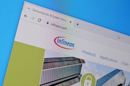 NY, USA - DECEMBER 16, 2019: Homepage of infineon website on the display of PC, url - infineon.com.のeditorial素材