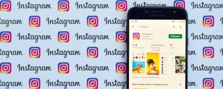 NY, USA - DECEMBER 5, 2019: Instagram app on samsung smartphone screen on banner with small...