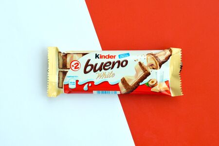 NY, USA - DECEMBER 15, 2019: Kinder Bueno white chocolate is a confectionery product brand line of...