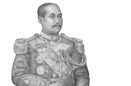 Portrait of Chulalongkorn also known as King Rama V was the fifth monarch of Siam under the House of Chakri. Fragment of 100 Baht Thailand currency bill 2004の写真素材