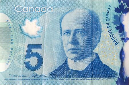 Sir Wilfrid Laurier Portrait from Canada 5 Dollars 2013 Polymer Banknotes fragment close up