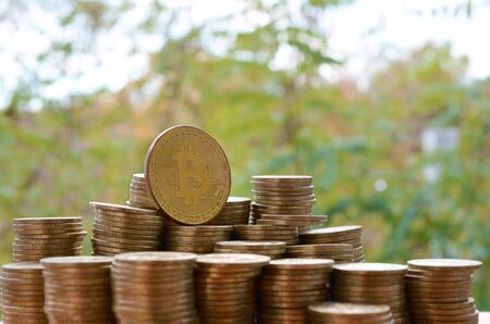 Big amount of bitcoin stacks on blurred green trees background close up. Cryptocurrency trading...
