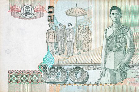 King Bhumibol Adulyadej on 20 Baht Thailand money bill close up. Bill of national currency of...