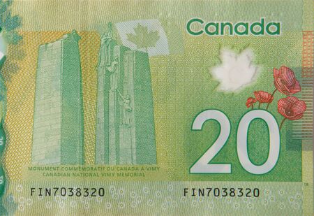 Canadian National Vimy Ridge Memorial from Canada 20 Dollars 2012 Polymer Banknote fragment close upの写真素材