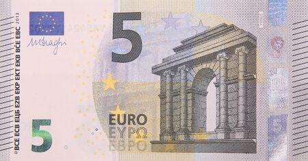 Five euro bank note finance currency close up detail money fragment. Front side violet bill
