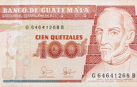 Bishop and Bachelor Francisco Marroquin on Guatemala 100 Quetzales 2007 Banknote fragment close upの写真素材