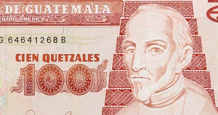 Bishop and Bachelor Francisco Marroquin on Guatemala 100 Quetzales 2007 Banknote fragment close upの写真素材