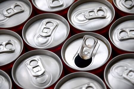 Many aluminium soda drink cans close up. Advertising for Soda drinks or tin cans mass manufacturingの写真素材