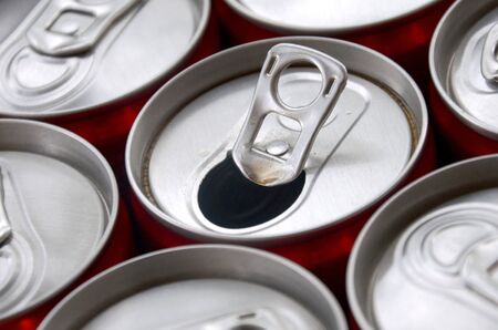 Many aluminium soda drink cans close up. Advertising for Soda drinks or tin cans mass manufacturingの写真素材