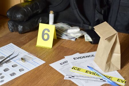 Evidence Chain of Custody Labels and brown paper bag with fingerprints applicant card lies against...