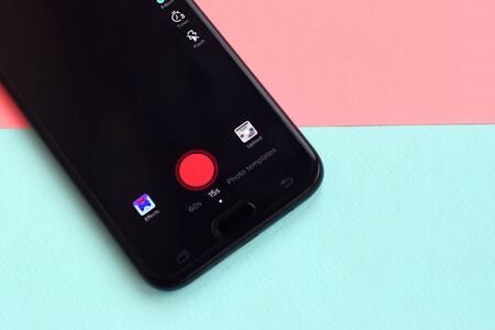 KHARKOV, UKRAINE - FEBRUARY 16, 2020: Tiktok application on samsung smartphone screen on pastel...