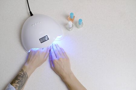 Hands of young woman at manicure procedure close up on white background. Woman Nail Polish process. Female using shellac uv led lamp for quick dryingの写真素材