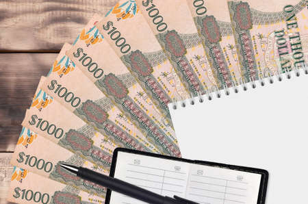1000 Guyanese dollars bills fan and notepad with contact book and black pen. Concept of financial...