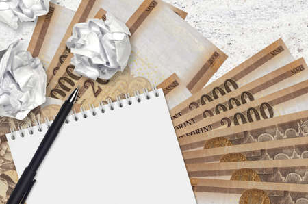 2000 Hungarian forint bills and balls of crumpled paper with notepad. Bad ideas or less of inspiration concept. Searching ideas for investmentの写真素材