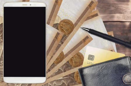 2000 Hungarian forint bills and smartphone with purse and credit card. E-payments or e-commerce...