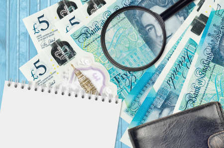 5 British pounds bills and magnifying glass with black purse and notepad. Concept of counterfeit...