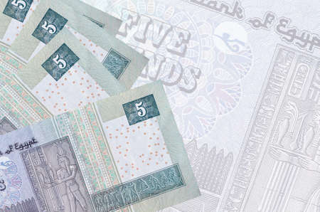 5 Egyptian pounds bills lies in stack on background of big semi-transparent banknote. Abstract...