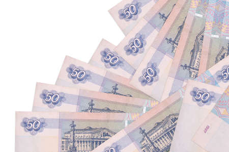 50 russian rubles bills lies in different order isolated on white. Local banking or money making...