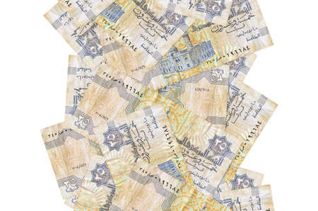 25 Egyptian piastres bills flying down isolated on white. Many banknotes falling with white copy...