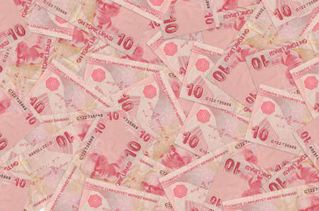 10 Turkish liras bills lies in big pile. Rich life conceptual background. Big amount of money