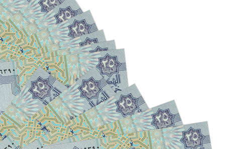 25 Egyptian piastres bills lies isolated on white background with copy space stacked in fan close...