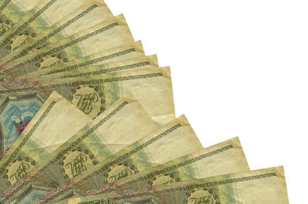 500 russian rubles bills lies isolated on white background with copy space stacked in fan close up....
