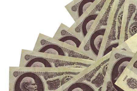 25 russian rubles bills lies in different order isolated on white. Local banking or money making...