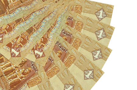 1 Egyptian pound bills lies isolated on white background with copy space stacked in fan shape close...