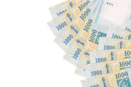 1000 Hungarian forint bills lies isolated on white background with copy space. Rich life conceptual...