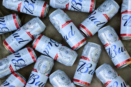 KHARKOV, UKRAINE - AUGUST 22 2020: Many Cans of Budweiser Lager Alcohol Beer lies on camo surface. Budweiser is Brand from Anheuser-Busch Inbev most popular in Americaのeditorial素材