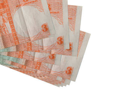 3 cuban pesos convertibles bills lies in small bunch or pack isolated on white. Mockup with copy...