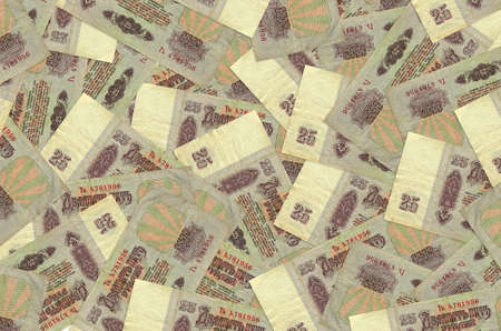 25 russian rubles bills lies in big pile. Rich life conceptual background. Big amount of money