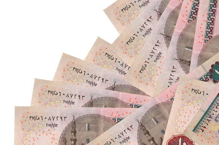10 Egyptian pounds bills lies in different order isolated on white. Local banking or money making...