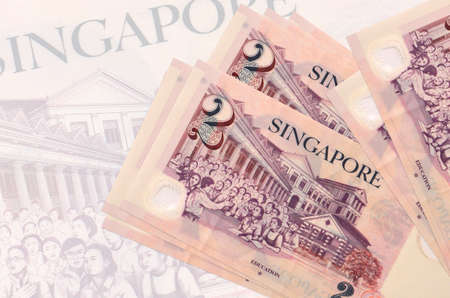 2 Singaporean dollars bills lies in stack on background of big semi-transparent banknote. Abstract presentation of national currency. Business conceptの写真素材