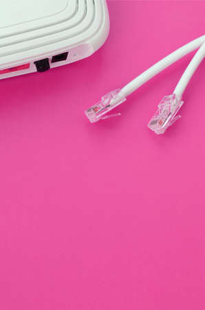 Internet router and Internet cable plugs lie on a bright pink background. Items required for...