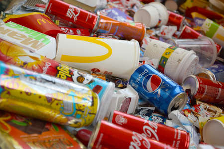 KHARKOV, UKRAINE - APRIL 8, 2020: Many wrappings and cans from used products by famous worldwide...