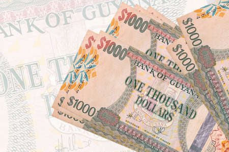 1000 Guyanese dollars bills lies in stack on background of big semi-transparent banknote. Abstract...