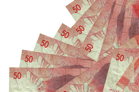 50 Philippine piso bills lies in different order isolated on white. Local banking or money making...