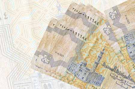 25 Egyptian piastres bills lies in stack on background of big semi-transparent banknote. Abstract...