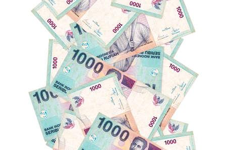 1000 Indonesian rupiah bills flying down isolated on white. Many banknotes falling with white copy space on left and right sideの写真素材
