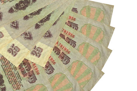 25 russian rubles bills lies isolated on white background with copy space stacked in fan shape close up. Financial transactions conceptの写真素材
