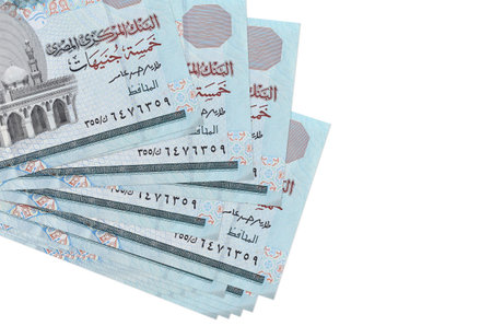 5 Egyptian pounds bills lies in small bunch or pack isolated on white. Mockup with copy space....