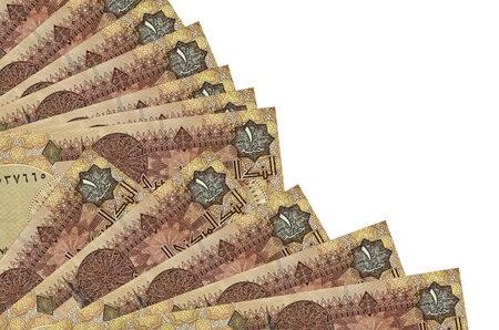 1 Egyptian pound bills lies isolated on white background with copy space stacked in fan close up. Payday time concept or financial operationsの写真素材