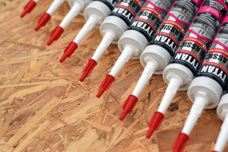 KHARKOV, UKRAINE - NOVEMBER 1, 2020: Assembly adhesive tytan professional classic fix invisible seam by Selena Group. Selena Group is a global leader and distributor of construction chemicalsのeditorial素材