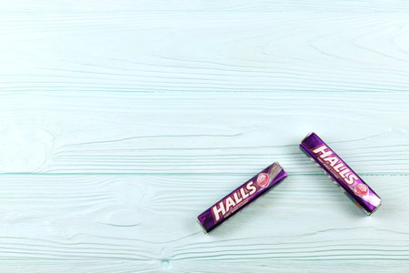 KHARKOV, UKRAINE - NOVEMBER 24, 2020: Halls Forest-berries flavored. Halls is the brand of a popular mentholated cough drop. Halls brand are owned by Mondelez Internationalのeditorial素材