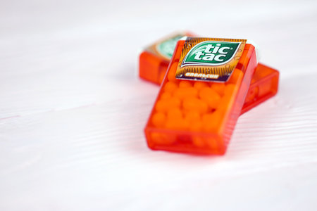 KHARKOV, UKRAINE - NOVEMBER 24, 2020: Tic tac drops with orange flavor. Tic tacs are manufactured by Italian confectioner Ferrero and were first produced in 1968のeditorial素材