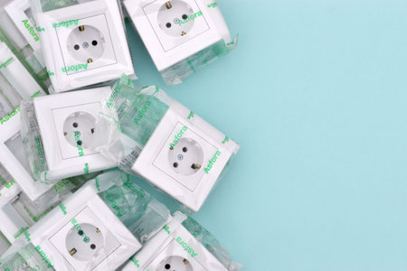 KHARKOV, UKRAINE - NOVEMBER 06, 2020: Schneider electric plastic electrical outlets with european plug standard. Schneider Electric is a European multinational company providing energyのeditorial素材