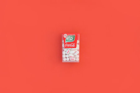 KHARKOV, UKRAINE - OCTOBER 17, 2020: Tic Tac Candy package with Coca-Cola taste. Tic tac is popular...