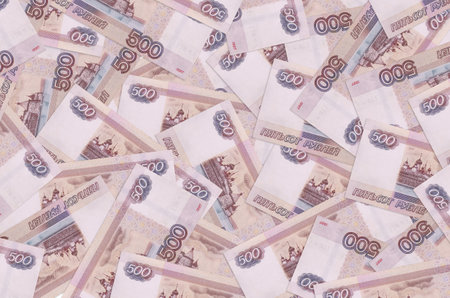 500 russian rubles bills lies in big pile. Rich life conceptual background. Big amount of money