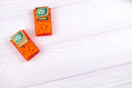 KHARKOV, UKRAINE - NOVEMBER 24, 2020: Tic tac drops with orange flavor. Tic tacs are manufactured by...